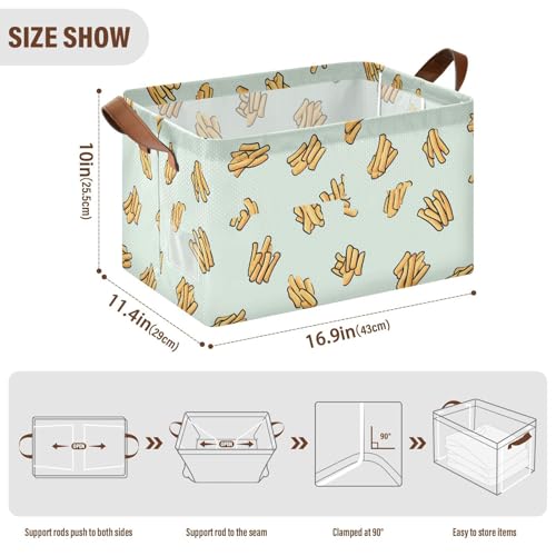 Ollabaky Collapsible Rectangular Closet Storage Bin French Fries Food Pattern Shelf Basket Box with Leather Handles - Storage Cube, Nursery Storage, Laundry Hamper