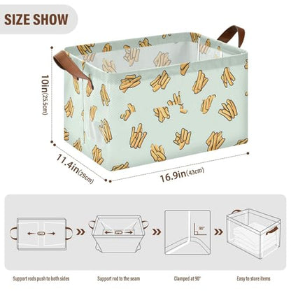 Ollabaky Collapsible Rectangular Closet Storage Bin French Fries Food Pattern Shelf Basket Box with Leather Handles - Storage Cube, Nursery Storage, Laundry Hamper