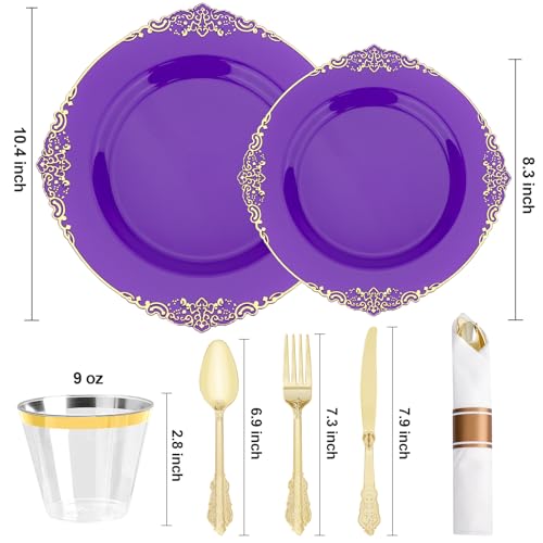 Realluck 350 Piece Purple and Gold Dinnerware Set for 50 Guests - color: Purple