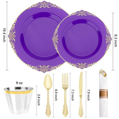 Realluck 350 Piece Purple and Gold Dinnerware Set for 50 Guests - color: Purple
