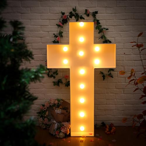 Maxcheck 4FT Easter Cross Decor, Light Up Jesus Cross Sign Decor Standing DIY Large Marquee with Bulb Light String Foam for Easter Christian Religious Yard Garden Lawn Party - style: Cross