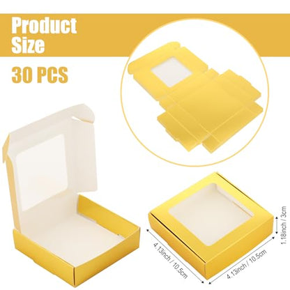Zonon 30 Pcs Kraft Paper Boxes with Window 4.13 x 4.13 x 1.18 Inch Candy Packaging, Small Gift Boxes, Soap holder, Mini Treat Packaging for Bakery Chocolate Jewelry Display (Gold) - color: Gold