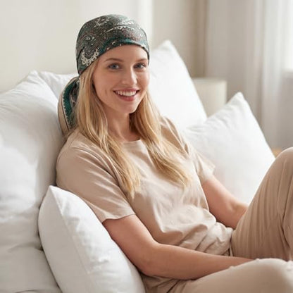 RIIQIICHY Head Scarf for Women Like Silk Satin Scarf for Hair Wrapping at Night Bandana Square Scarf for Sleeping 35 Inch - color: Emerald Paisley Scroll