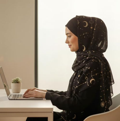Hijab Modest and Elegant | Beautifully Designed Printed Chiffon Patterns | Muslim Women Head Scarf and Veil - color: Black M