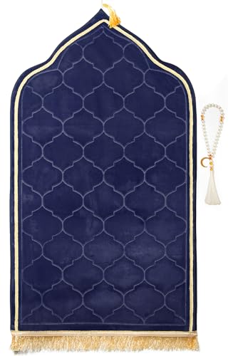 Muslim Prayer Rug with Tasbih Prayer Beads, Soft Memory Foam Prayer Matt Islam, Padded Islamic Prayer Mat Thick for Men and Women, Janamaz, Sajadah (25.6" x 43.3", Navy Blue) - color: Navy Blue