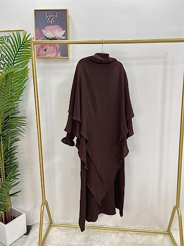 Women Prayer Dress Muslim Ramadan Garment Abaya Dubai Islam Jilbeb 2 Piece Set Layered Khimar Scarf Hijab and Long Dress - color: Dark Coffee, size: Large