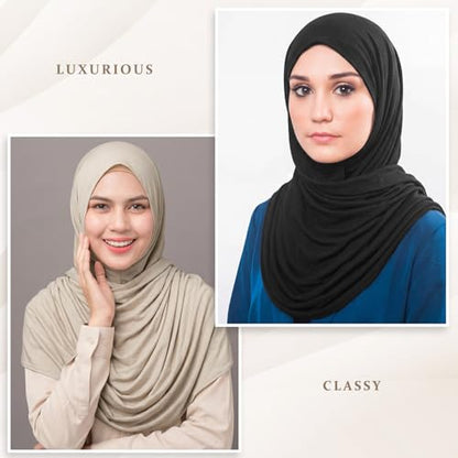 Handepo 2 Pcs Instant Hijab Jersey Hijab for Women Muslim Head Scarf Soft Lightweight Long Stretch Scarf Shawl Wrap - color: Black, Beige