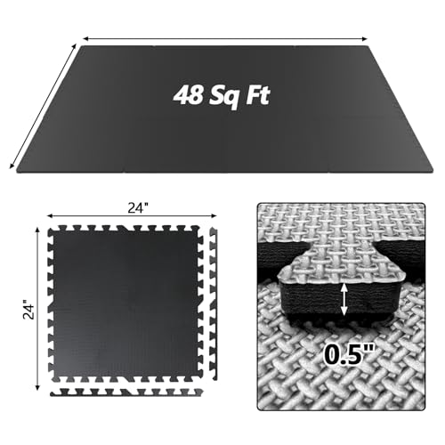 1/2 inch Thicked Gym Floor Mats (20 Sq Ft), 20 Tiles 12.6X12.6in High Density EVA Foam Gym Flooring for Home Gym, Weightlifting, Kids Play Area, Non-Slip, Free Splicing. - size: 48 Sq Ft(12 Tiles)