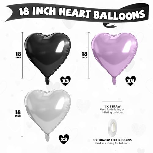 Purple Black Heart Balloons, 10PCS Silver Foil for Goth Princess Birthday - color: Black Purple