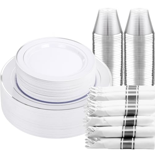 DaYammi 210PCS Silver Plastic Dinnerware Set for 30 Guests - color: A Silver, size: 210PCS（30 Guests）