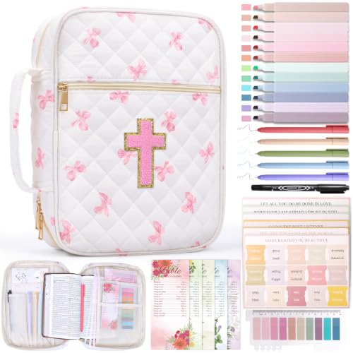 XKDOUS Bible Cover Case for Women Bible Bag Journaling Kit w/Study Supplies - color: Pink Bow With Cross, size: Large
