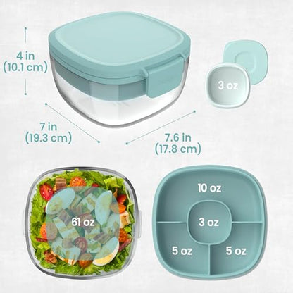 Bentgo Glass Salad Container - 7.6-Cup Salad Bowl with Airtight Lid, Leak-Proof Sauce Container, 4-Compartment Bento Tray & Reusable Fork - BPA-Free for Meal Prep, Office & More (Coastal Seaglass) - color: Coastal Seaglass