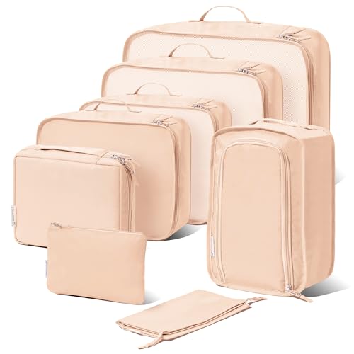 (Not Made In China) 8 Piece Packing Cube Set, Luggage Organizer Bags for Suitcases, Travel Bags, Space Saving Clothes Organizers for Carry On and Checked Luggage - color: Beige