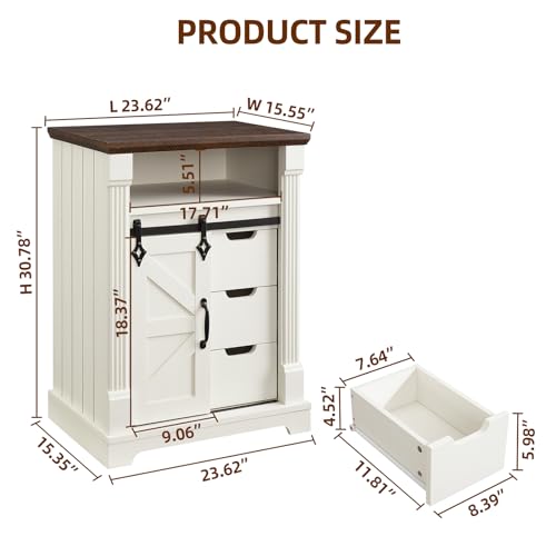 Minifeel Farmhouse Bathroom Cabinet, Freestanding Small Storage Cabinets with Barn Door and Three Drawers, Wooden Console Entryway Table with Roman Column for Kitchen, Living Room, laundry room, White