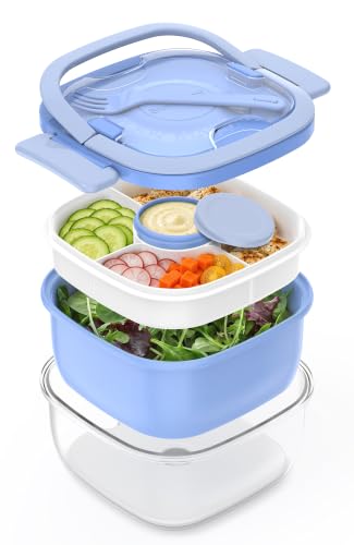Salad Container with Ice Pack & Handle, 6.8 Cup / 1600ml Large Portable Salad Bowl Lunch Box with Lid, Fork Holder & Sauce Cup, 4-Compartment Removable Tray Meal Prep Bento Box, Blue - color: Blue