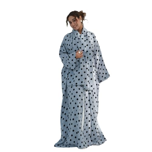 Women Open Front Abaya Dubai Polka Dot Jilbab Islamic Gorgeous Cardigan with Headscarf - color: Sky Blue
