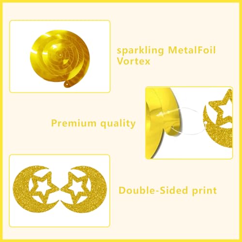 Eid Mubarak Decorations, Gold Glitter Eid Mubarak Hang Swirls Star Moon Lantern Decor Sign for Eid Festival Muslim Islam Party Decoration Supplies