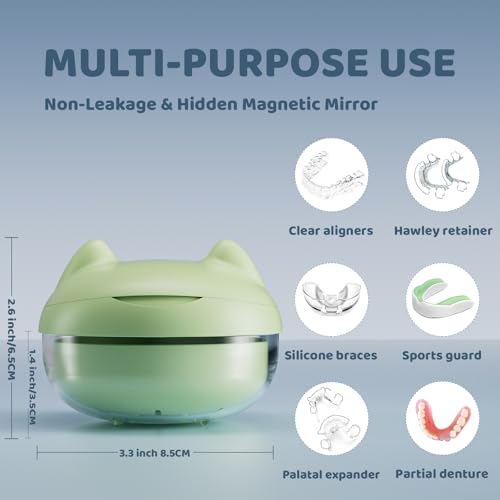 Retainer Case Denture Bath Case Basket Mirror Leak-proof Green Cat | 2-in-1 design Strainer Basket No-Leak Cleaning Case for Mouth Guard Cute Removal Tool,Aligner chewies,Bursh - color: Green Cat