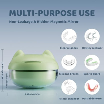 Retainer Case Denture Bath Case Basket Mirror Leak-proof Green Cat | 2-in-1 design Strainer Basket No-Leak Cleaning Case for Mouth Guard Cute Removal Tool,Aligner chewies,Bursh - color: Green Cat