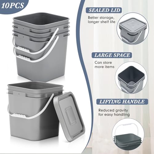 Mumufy 10 Pcs 3.5 Gallon Square Food Grade Bucket with Lid Plastic Buckets Pail with Handle Lid Heavy Duty Buckets for Storing Dry Food Charcoal Camping Fishing(Grey) - color: Gray, style: Square