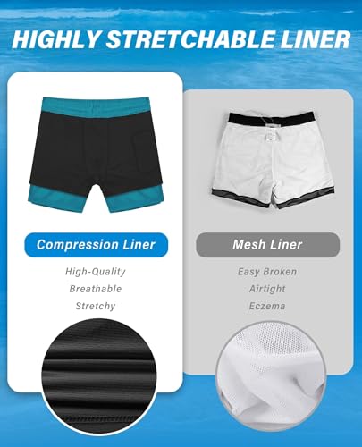 Gleeease 5 Inch Mens Swim Trunks with Compression Liner Men's Bathing Suit | Mens Swim Shorts 4 Pockets Quick Dry 2 in 1 Water Resistant Solid Stretch Breathable Surfing Beach Elastic Waistband Swimsuit - color: Bluish Green, size: XX-Large