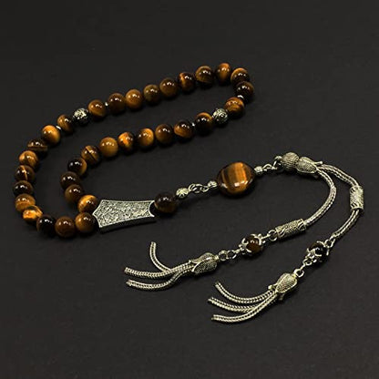 Stylist Prayer Beads (8 mm-33 Beads) Tesbih-Tasbih-Tasbeeh-Misbaha-Masbaha-Subha-Sebha-Sibha-Rosary (Tiger Eye Stone) - color: Tiger Eye Stone Special Long Tassel 8 mm 33 Beads