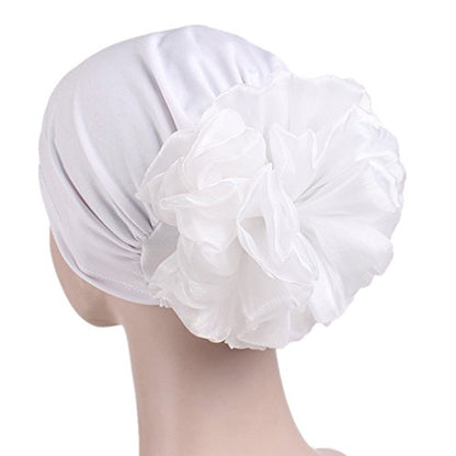 Women Flower Elastic Turban Beanie Head Scarf wrap Chemo Cap hat for Cancer Patient - color: White
