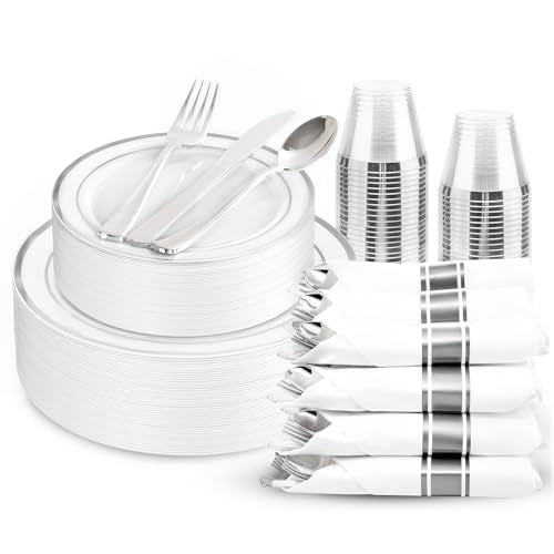 WDF Partyware 175PCS Sliver Plastic Plates - Silver Plates Disposable - White Plate with Silver Trim 25Guests Plastic Dinnerware Sets with Rolled Napkins for Wedding Baby Shower Spring Birthday - color: White and Silver, size: 175PCS