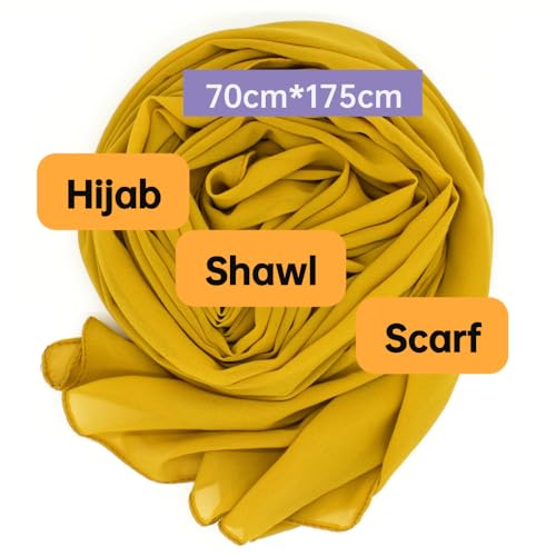 Chiffon Scarf for Women Lightweight Breathable Sunscreen Soft Solid Hijab Scarf for Daily & Muslim Wear - color: Mustard Yellow Chiffon Scarf