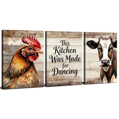 Farmhouse Kitchen Wall Art Chicken Cow Pictures Wall Decor Rustic Farm Animal Canvas Prints Inspirational Quote Sign This Kitchen Was Made for Dancing Artwork for Dining Room Home Decor 16x24" 3Pcs - color: Chicken Cow, size: 24"L x 16"W