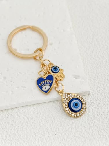Blue Evil Eye Keychain Hamsa Hand Protection Keyring Good Luck Amulet for Purse Keys,Spiritual Gift for Women Men - color: Gold-4