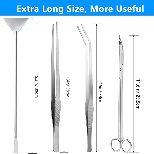 15" Aquarium Aquascape Tools Kit 4P Stainless Steel Aquascaping Set | 4in1 Extra Long Full Metal Design, Scissors, 2P Tweezers And Sand Spatula, For Trimming Plants, Arranging Sand And Aquascape - color: Silver
