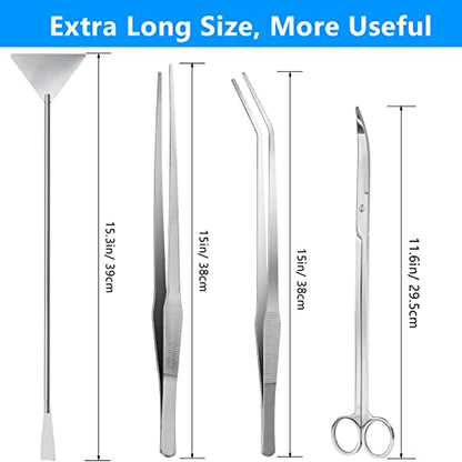 15" Aquarium Aquascape Tools Kit 4P Stainless Steel Aquascaping Set | 4in1 Extra Long Full Metal Design, Scissors, 2P Tweezers And Sand Spatula, For Trimming Plants, Arranging Sand And Aquascape - color: Silver
