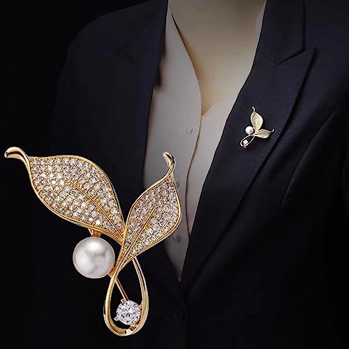 Crystal Pearl Flower Brooches Pins Fashion Beautiful Created Rhinestone Floral Brooch Good Idea for Party Dance Wedding Banquet for Elegant Women Girl - color: Gold Leaves