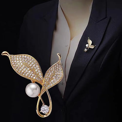Crystal Pearl Flower Brooches Pins Fashion Beautiful Created Rhinestone Floral Brooch Good Idea for Party Dance Wedding Banquet for Elegant Women Girl - color: Gold Leaves