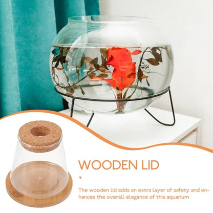 Small Glass Fish Bowl with Wooden Lid and Mat, Hydroponic Micro Landscape Planter Bottle for Desktop Betta Fish Tank and Plant Terrarium