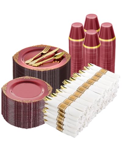 Bestluck 700PCS Burgundy Disposable Dinnerware for 100 Guests - color: Clear Burgundy, size: 100 Guests Set