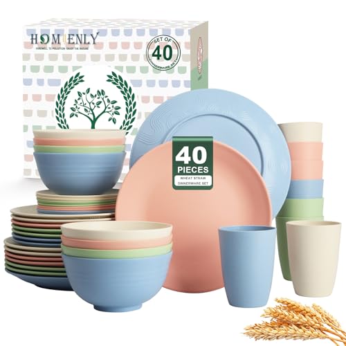Homienly 40-Piece Dinnerwave Sets, Service for 8, Wheat Straw Dinnerware Set - Plates and Bowls Set with Cups, Lightweight Microwave and Dishwasher Safe Dish Set for Dinner, Outdoor - Multi Light - color: Multi Light, size: 40 PCS