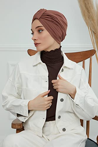 Aisha's Design Instant Turban Plain Cotton Scarf Head Wrap Lightweight Hat Bonnet Cap for Women - color: Caramel Brown