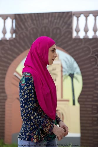 SARJANA Women's Solid Color Cotton Hijab with Under Scarf Cap Ready to Wear Stretch Scarves Long Scarfs FREE SIZE - color: Magenta
