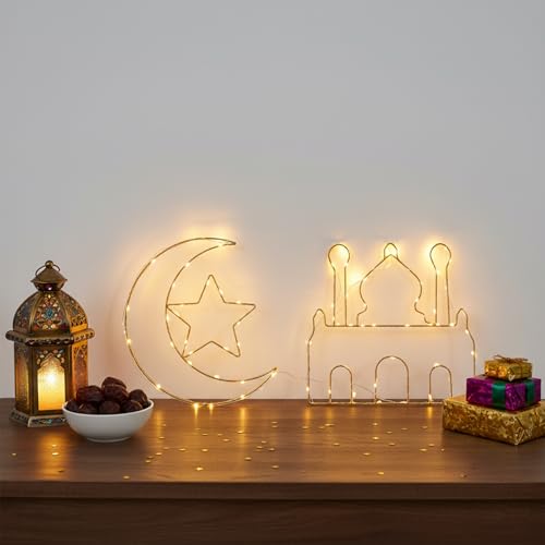 Eid Ramadan Mubarak Window Lights, 2 Pcs LED Hanging Decorations, Moon & Mosque Iron Art, Battery Operated with 8 Lighting Modes, Ramadan Decorations for Home & Festival Indoor & Outdoor Decor
