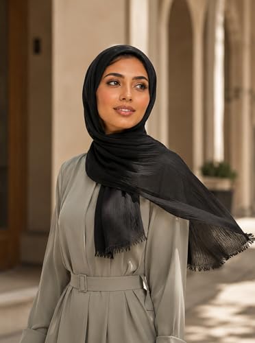 Cotton Linen Plain Hijab Scarf For Women,Muslim Viscose Crinkle Edge With Fringe,Summer Beach Wrap Headwraps Shawl - color: 1#black