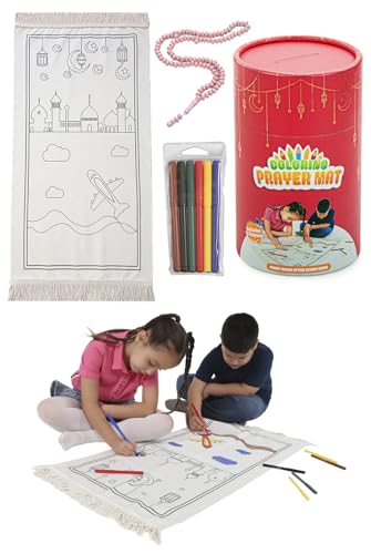 Ihvan Online Kids Prayer Mat, Washable Painted Prayer Rug, Colourful Marker, Muslim Prayer Mala Beads, Soft Salah Travel Mat Carpet, Perfect Islamic Gift, Red - color: Red