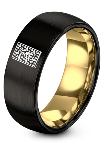 Gift for Muslim Devotee - Prayer Rug Pattern Ring - Black Yellow Rose Gold - Band - Anniversary Wedding - Personalized Custom Engraving - Flat Dome Bevel - 8mm - Men Women - Tungsten Carbide - color: 02 - Yellow Gold Black Tungsten