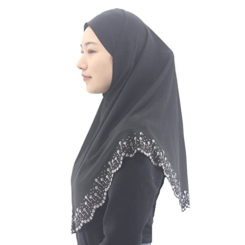 Instant Hijab Scarf for Women Muslim Women Clothing Headscarf for Girls with Czech Rhinestone - color: Black-wavy Edge