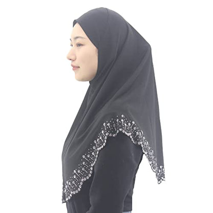 Instant Hijab Scarf for Women Muslim Women Clothing Headscarf for Girls with Czech Rhinestone - color: Black-wavy Edge