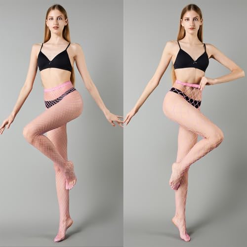 MengPa Women's Fishnets Tights High Waist Stockings Party Thigh High Pantyhose - color: 2pcs-pink