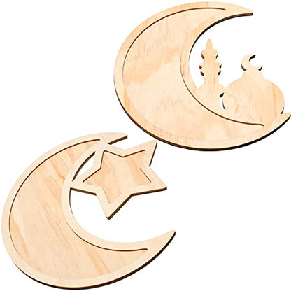 Queekay 2 Pieces Ramadan Tray Eid Mubarak Tray Wooden Star Moon Shaped Ramadan Islam Wooden Artistic Moon Star Dessert Pallet Eid Mubarak Decorations for Table Islam Artistic