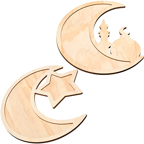 Queekay 2 Pieces Ramadan Tray Eid Mubarak Tray Wooden Star Moon Shaped Ramadan Islam Wooden Artistic Moon Star Dessert Pallet Eid Mubarak Decorations for Table Islam Artistic