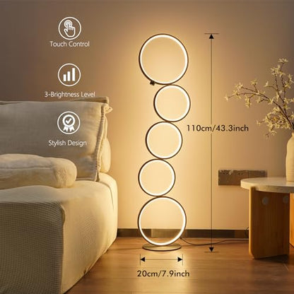 NUÜR 43.3" Modern Floor Lamp, Ring Standing Lamp, Dimmable, Metallic Feel, Artistic Trendy Design, Energy-Saving, Touch Switch, Ideal for Home, Office, Eco-Friendly
